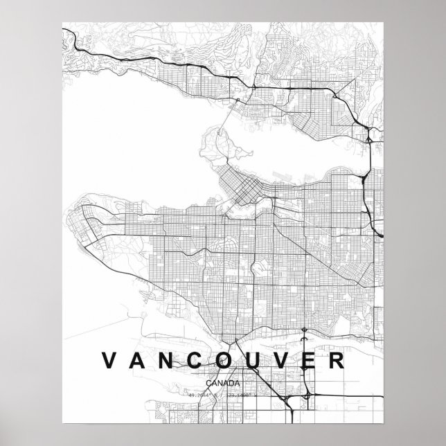 Poster Carte minimaliste de Vancouver (Noir et Blanc) (Devant)