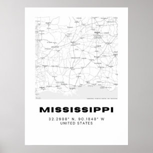 Poster Carte minimaliste Mississippi Art - noir et blanc