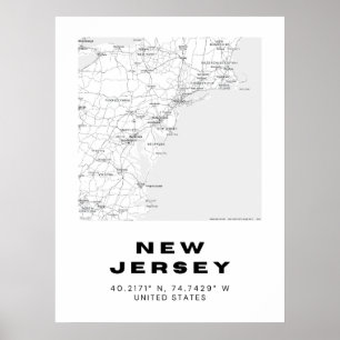 Poster Carte minimaliste New Jersey Art - Black and White