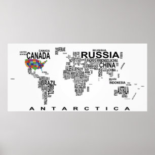 POSTER CARTE MONDIALE AVEC PAYS EN TEXTE