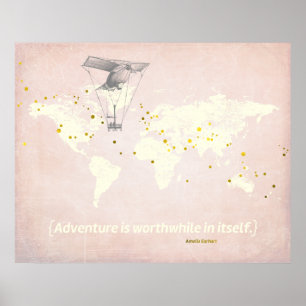 Poster Carte Mondiale, Citation Inspirante & Faux Gold Fo
