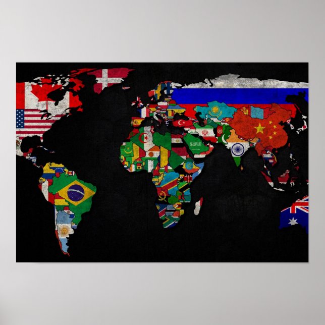 POSTER CARTE MONDIALE COLORÉE AVEC DRAPEAUX (Devant)