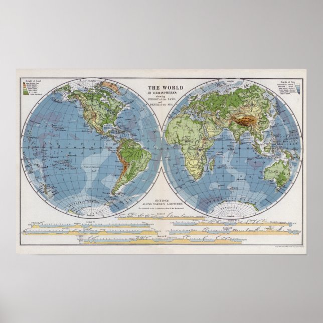 Poster Carte Mondiale montrant Hauteurs de la Terre profo (Devant)