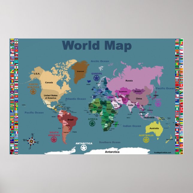 Poster Carte mondiale pour enfants - Bleu avec drapeaux (Devant)