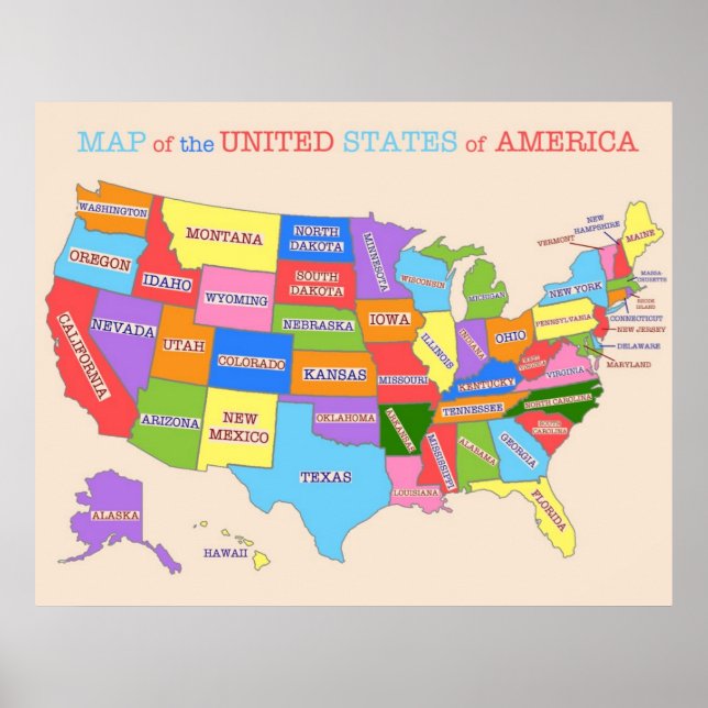 Poster Carte multicolore des États-Unis (Devant)