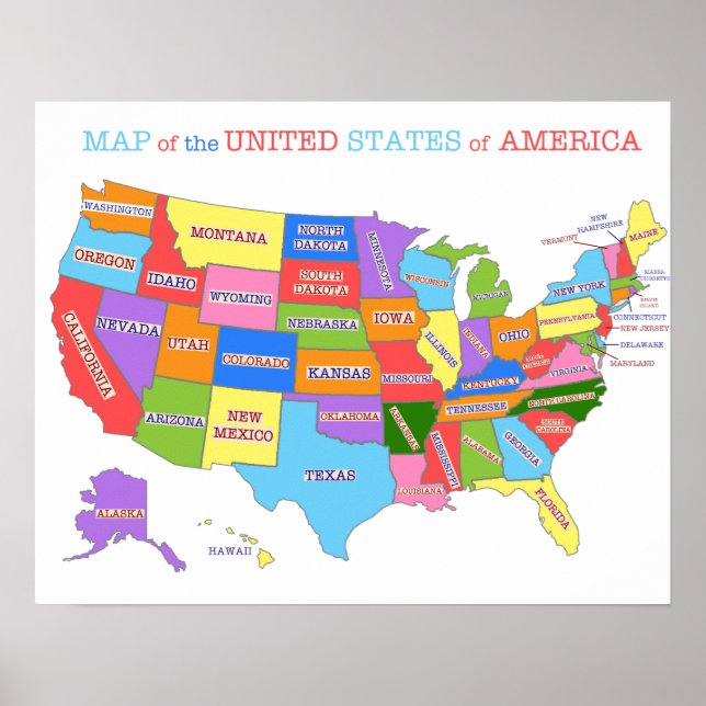 Poster Carte multicolore des États-Unis (Devant)