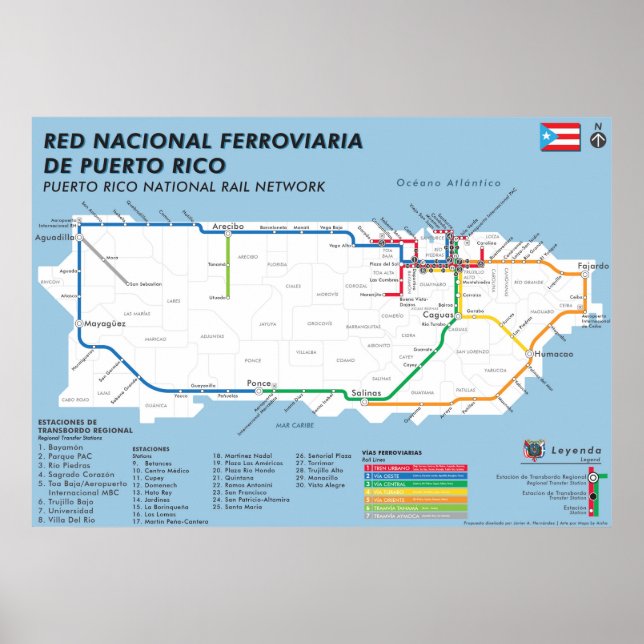 Poster Carte nationale de Porto Rico Tren / Carte ferrovi (Devant)