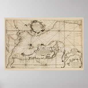 Poster Carte nautique antique de l'océan pacifique