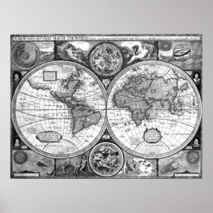 Poster Carte noire et blanche du monde (1626)