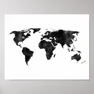 Poster Carte noire et blanche du monde d'aquarelle