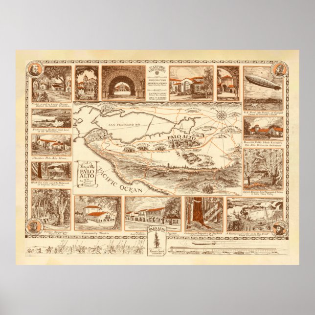Poster Carte Old Palo Alto CA (1925) Baie de Californie V (Devant)