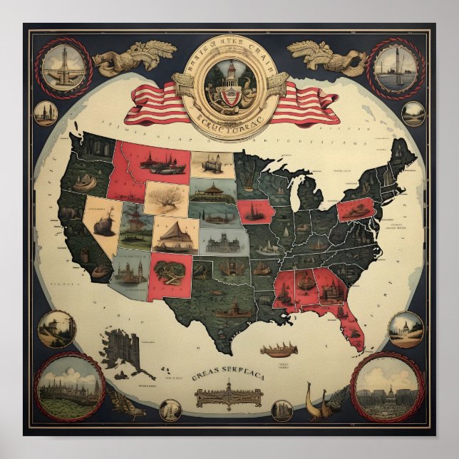 Poster Carte Ornate des États-Unis (Devant)