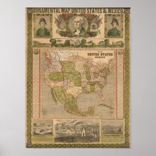 Poster Carte ornementale des Etats-Unis et du Mexique