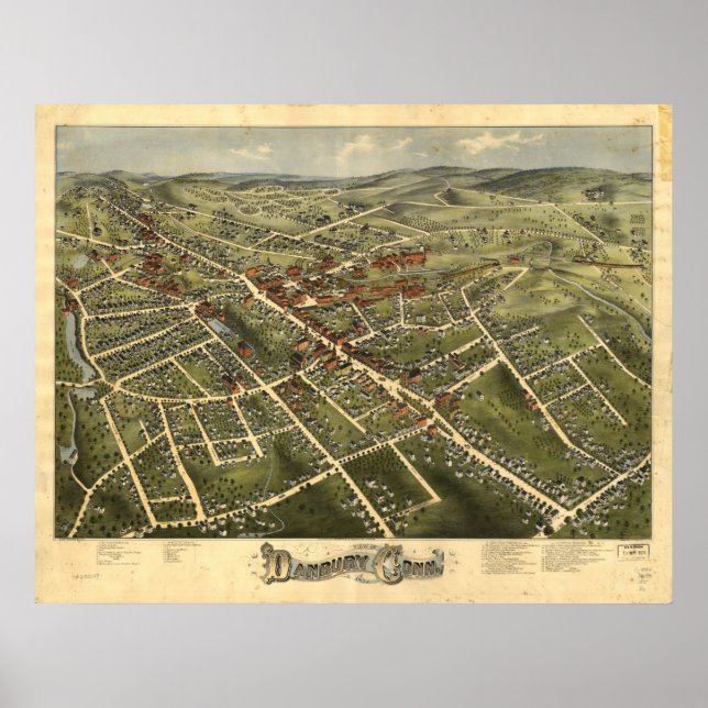 Poster Carte panoramique antique Danbury Connecticut 1885 (Devant)