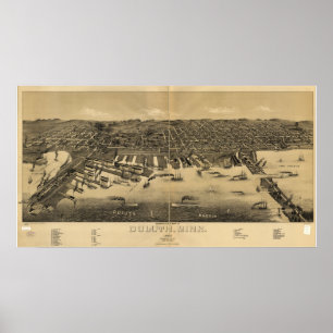 Poster Carte panoramique antique de Duluth Minnesota 1887