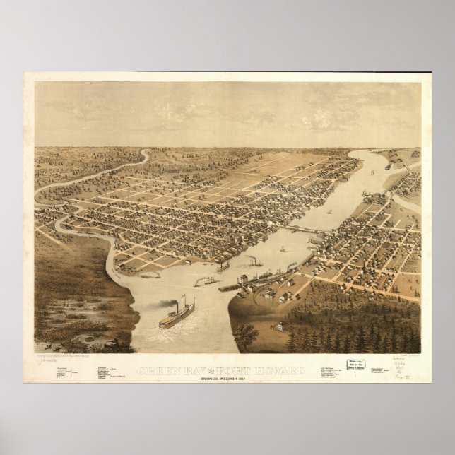 Poster Carte panoramique antique de Green Bay WI 1867 (Devant)