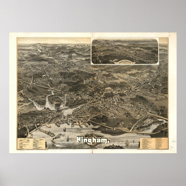 Poster Carte panoramique antique de Hingham Massachusetts (Devant)