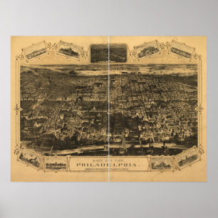 Poster Carte panoramique antique de Philadelphie Penn