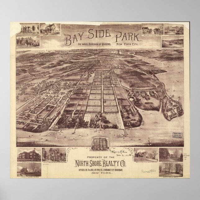 Poster Carte panoramique antique de Queens New York 1915 (Devant)