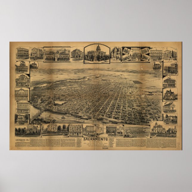 Poster Carte panoramique antique de Sacramento en Califor (Devant)