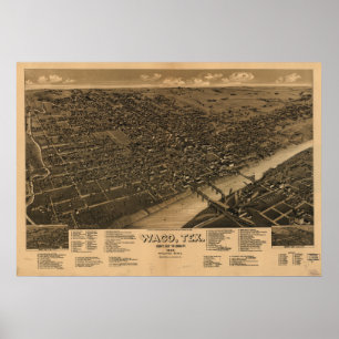 Poster Carte panoramique antique de Waco le Texas 1886