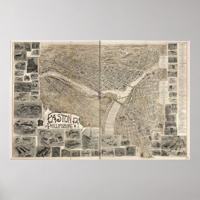 Poster Carte panoramique antique Easton Pennsylvania 1900 (Devant)