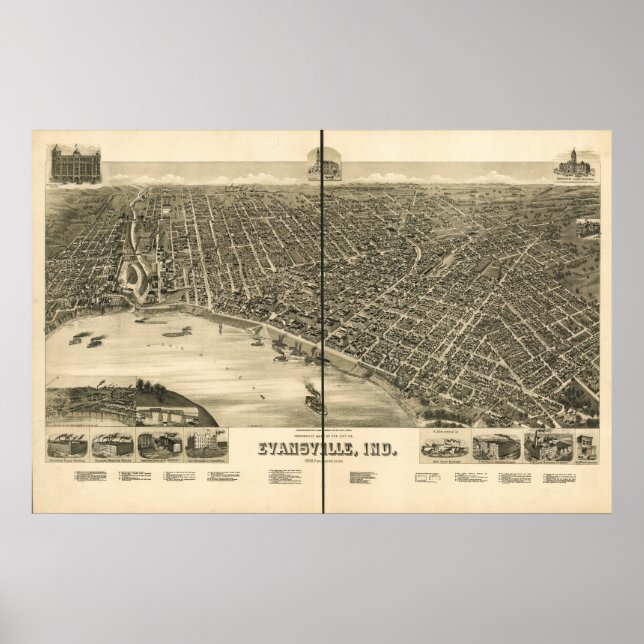 Poster Carte panoramique antique Evansville Indiana 1888 (Devant)