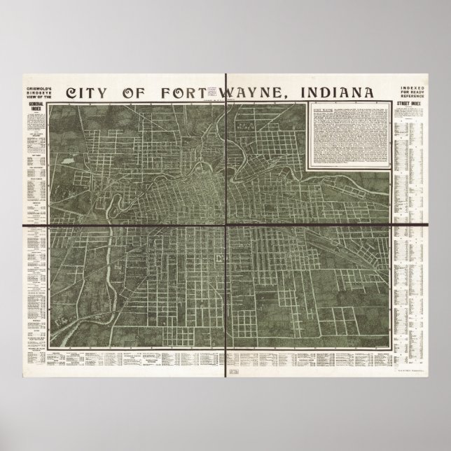 Poster Carte panoramique antique Fort Wayne Indiana 1907 (Devant)