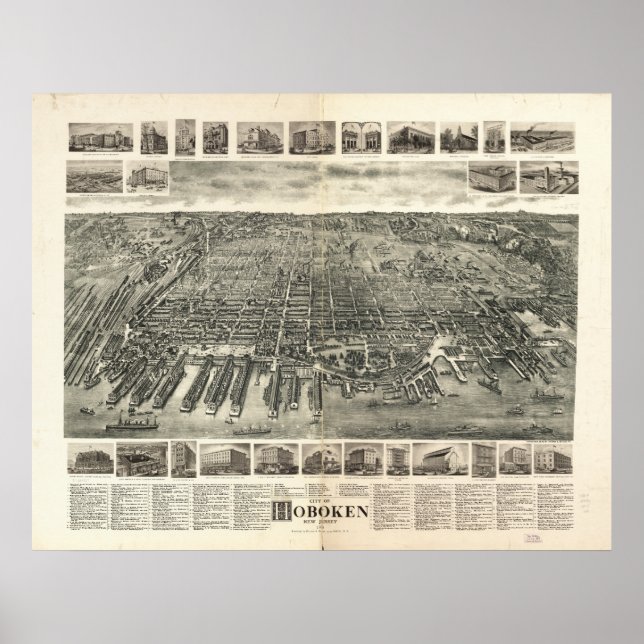 Poster Carte panoramique antique Hoboken New Jersey 1903 (Devant)