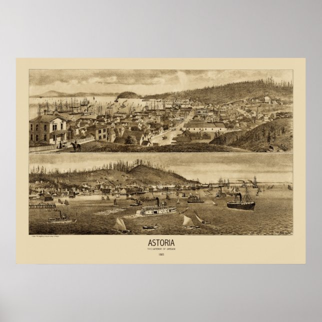 Poster Carte panoramique Astoria Oregon 1883 (Devant)