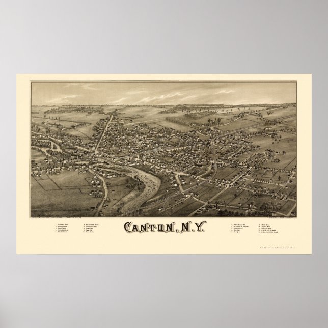 Poster Carte panoramique de Canton, NY - 1885 (Devant)