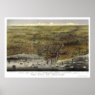 Poster Carte panoramique de Chicago, IL - 1874