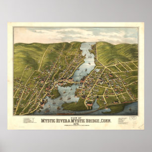 Poster Carte panoramique de Mystic River Connecticut 1879
