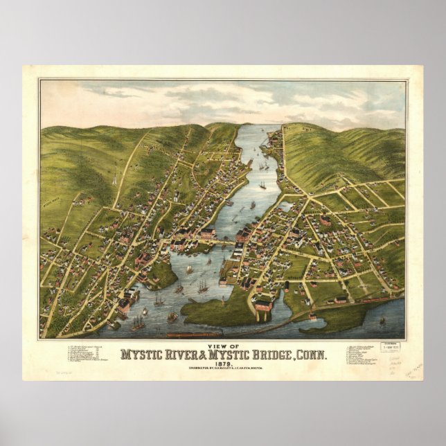 Poster Carte panoramique de Mystic River Connecticut 1879 (Devant)
