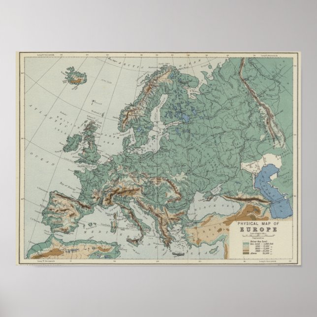 Poster Carte physique de l'Europe (Devant)