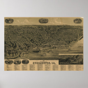 Poster Carte picturale Vintage de Burlington Iowa (1889)