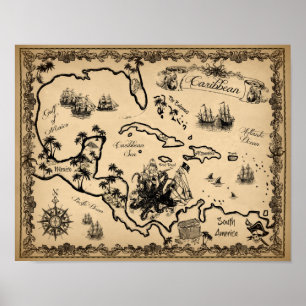 Poster Carte pirate des Caraïbes avec Kraken