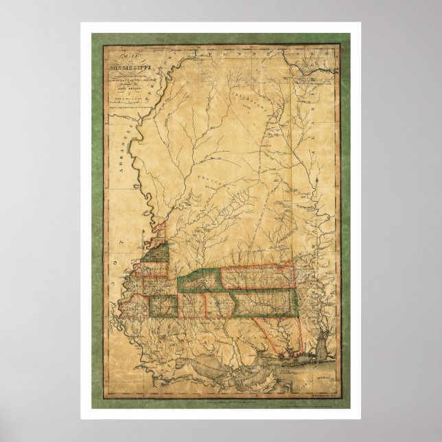 Poster Carte précoce du Mississippi par Melish 1820 (Devant)