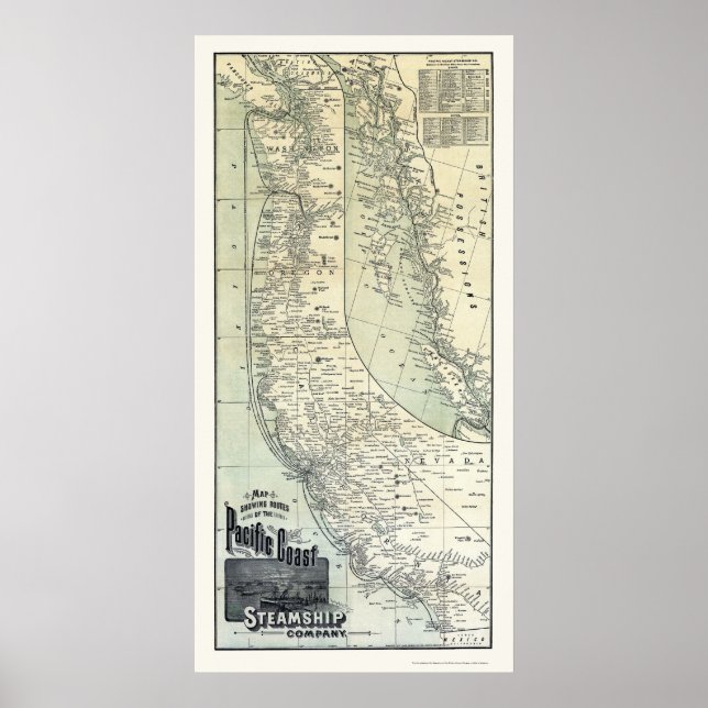 Poster Carte publicitaire 1891 des itinéraires des bateau (Devant)