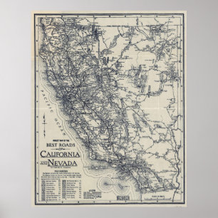 Poster Carte routière de la Californie vintage et du Neva