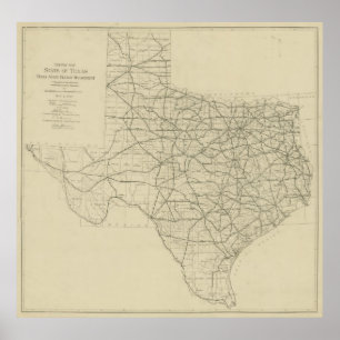 Poster Carte routière vintage du Texas (1919)