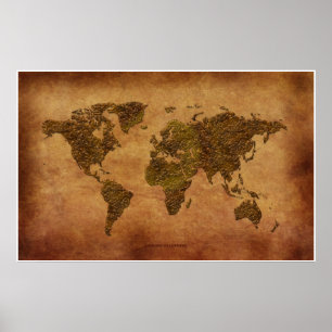 Poster Carte Rustique 3D World Map sur l'effet Parchemin