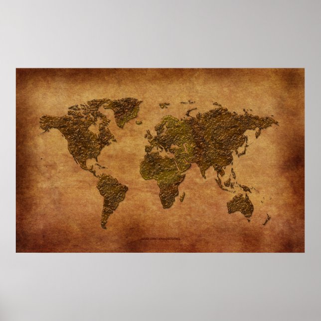 Poster Carte Rustique 3D World Map sur l'effet Parchemin (Devant)