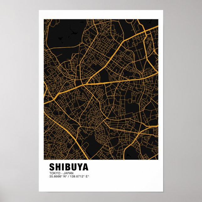 Poster Carte Shibuya - Tokyo Carte Noire Et Dorée (Devant)