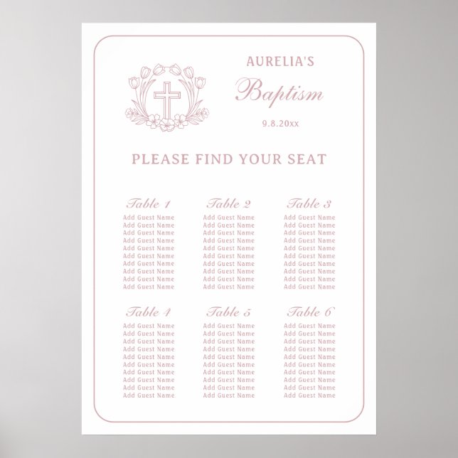Poster Carte simple florale croisée Baptême (Devant)