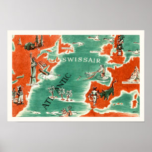 Poster Carte Swissair vintage illustrée Imprimer