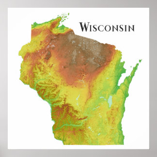 Poster Carte topographique du relief ombragé du Wisconsin