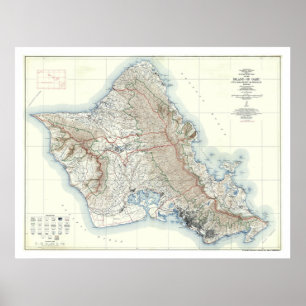 Poster Carte topographique Oahu Hawaii 1938