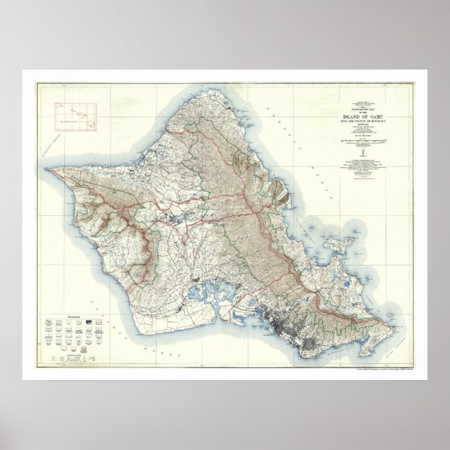 Poster Carte topographique Oahu Hawaii 1938 (Devant)