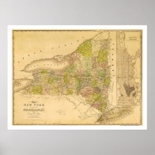 Poster Carte tôt 1839 de l'état de New-York